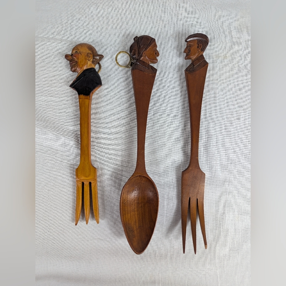 Vintage Hand Carved Wooden Spoon Fork Faces Man Woman Couple Decorative Kitchen